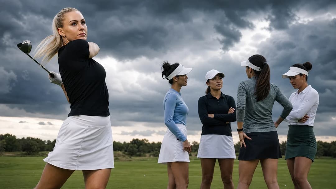 Five female golfers on a driving range under stormy skies.