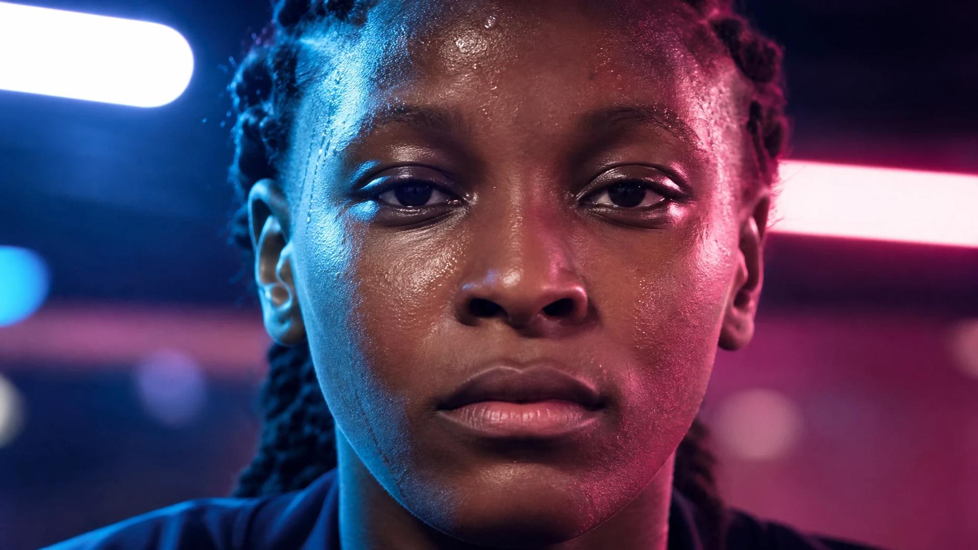 An extreme close-up of footballer Nina Soufiya Ngueleu's face, showcasing her intense expression under neon lights.