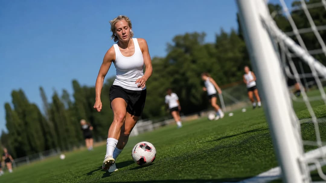 Filippa Curmark in a tense training moment on a pitch under bright midday sun.