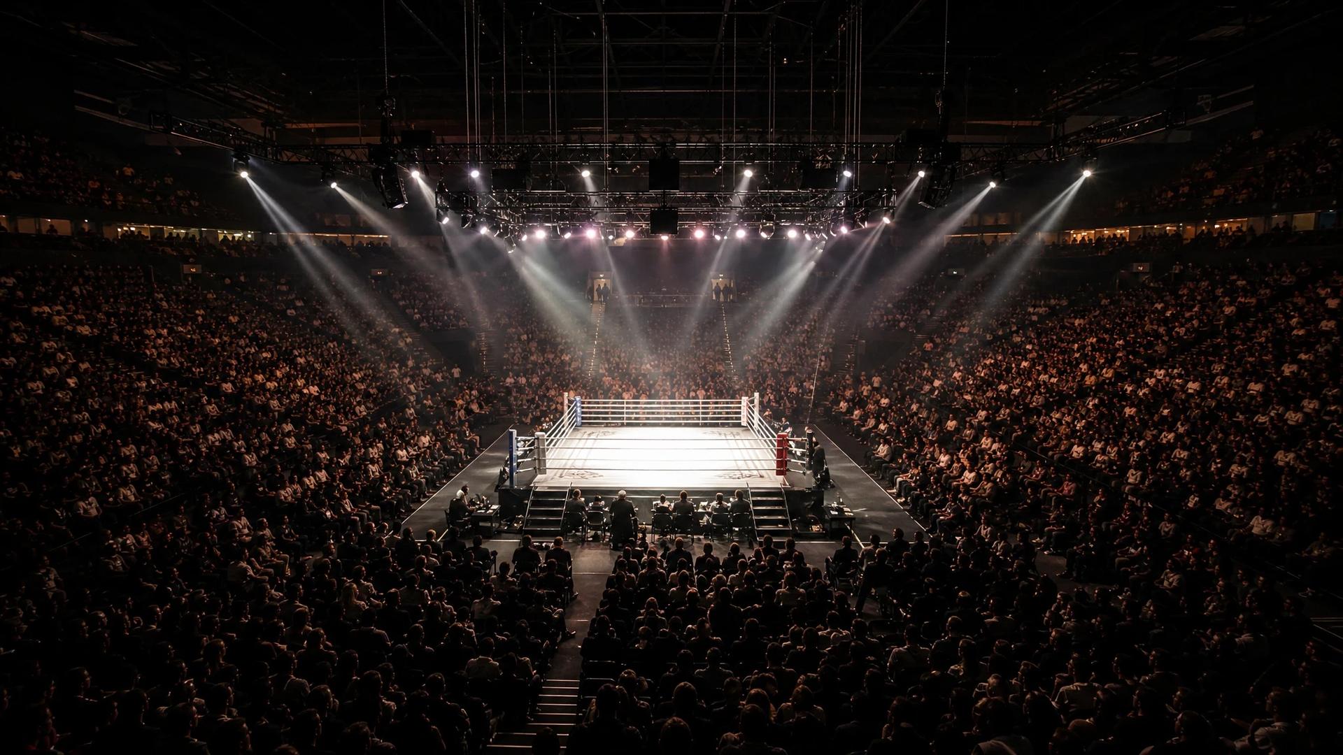An empty boxing ring in an arena with bright lights, just before a major boxing event, captured from a distance.