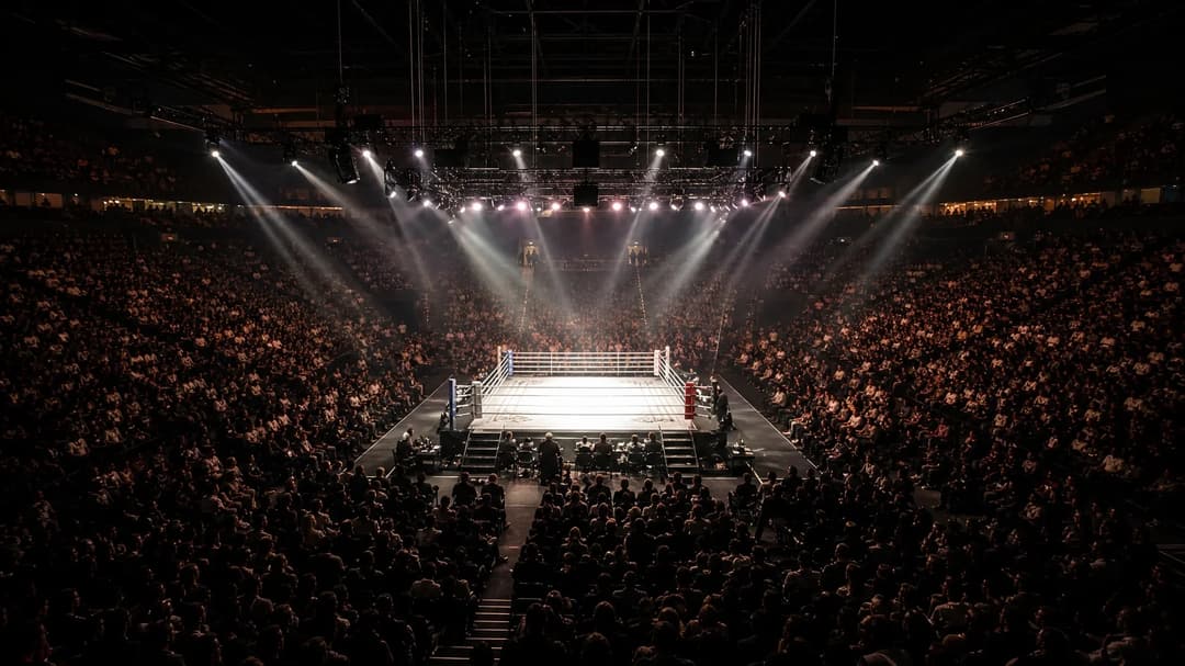 An empty boxing ring in an arena with bright lights, just before a major boxing event, captured from a distance.