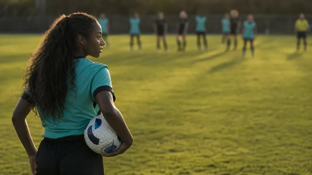 Melanie Barcenas prepares to take a free kick on a soccer field.