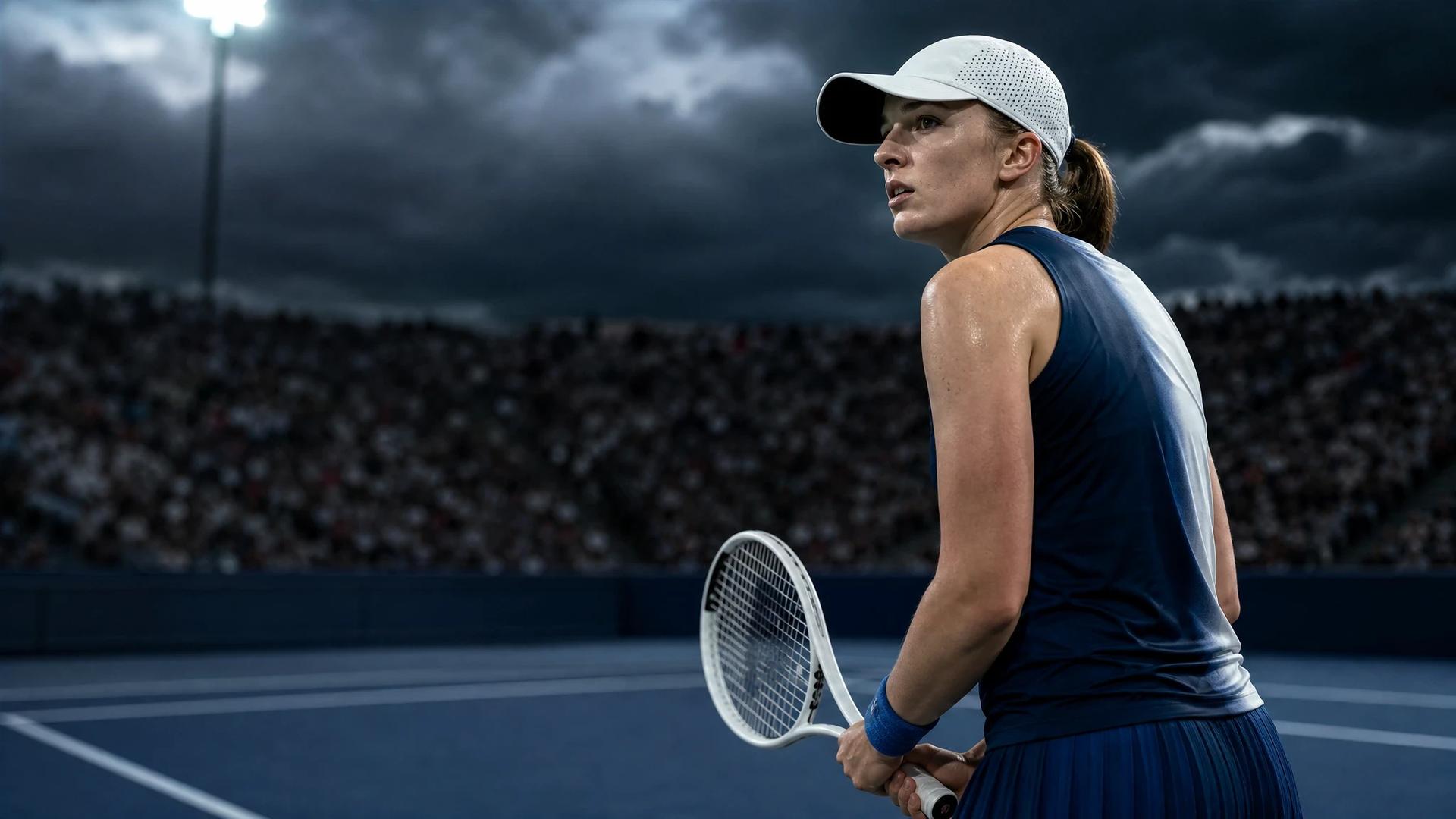 Iga Swiatek serving in a tense moment during the US Open.