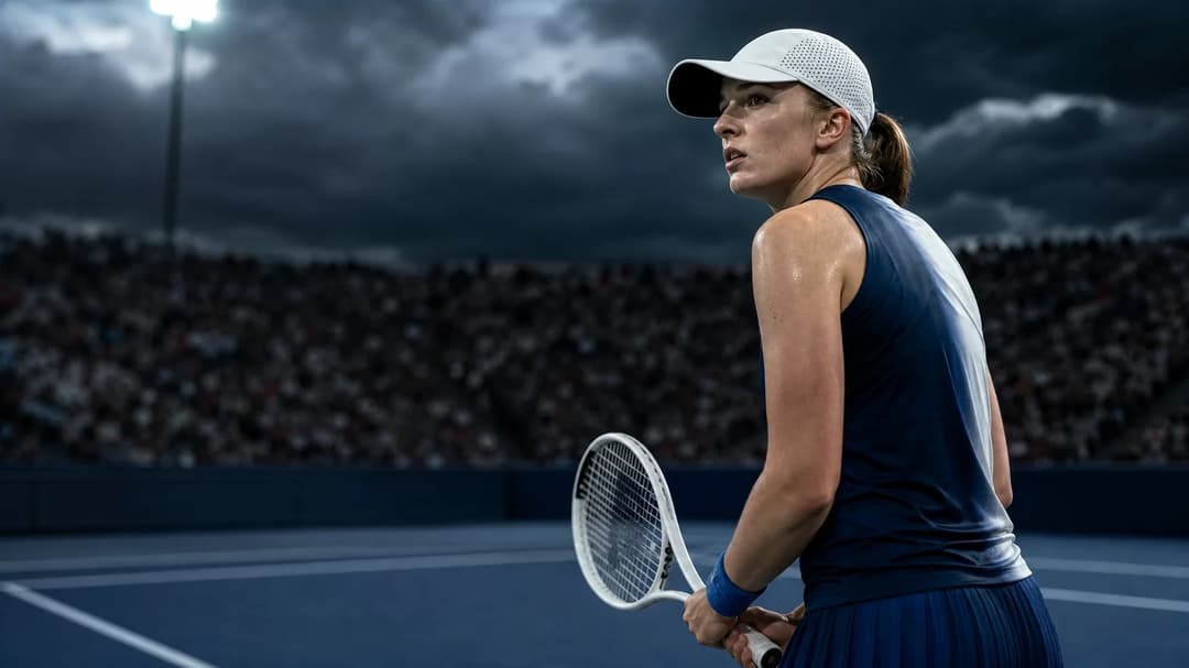 Iga Swiatek serving in a tense moment during the US Open.