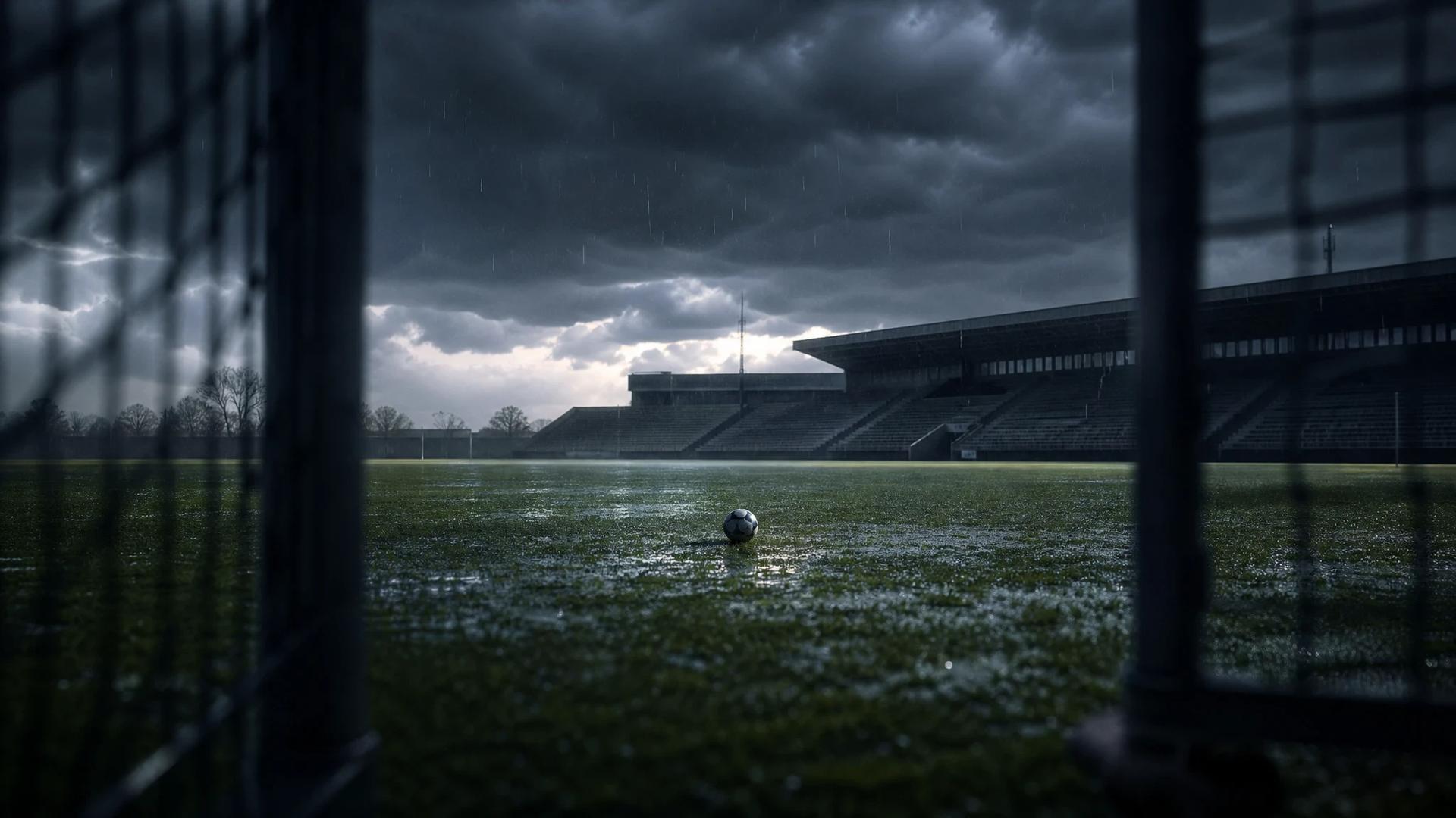 A deserted football pitch at dusk with stormy clouds overhead and a football on the ground.