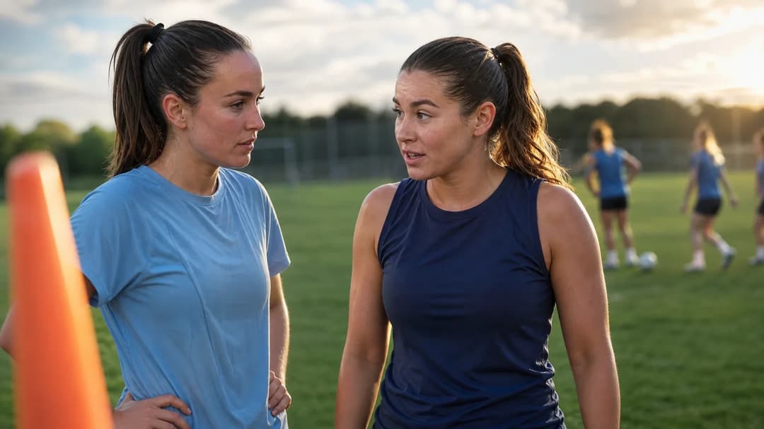 Emily Syme and Maria Farrugia of Bristol City engaged in conversation during training.