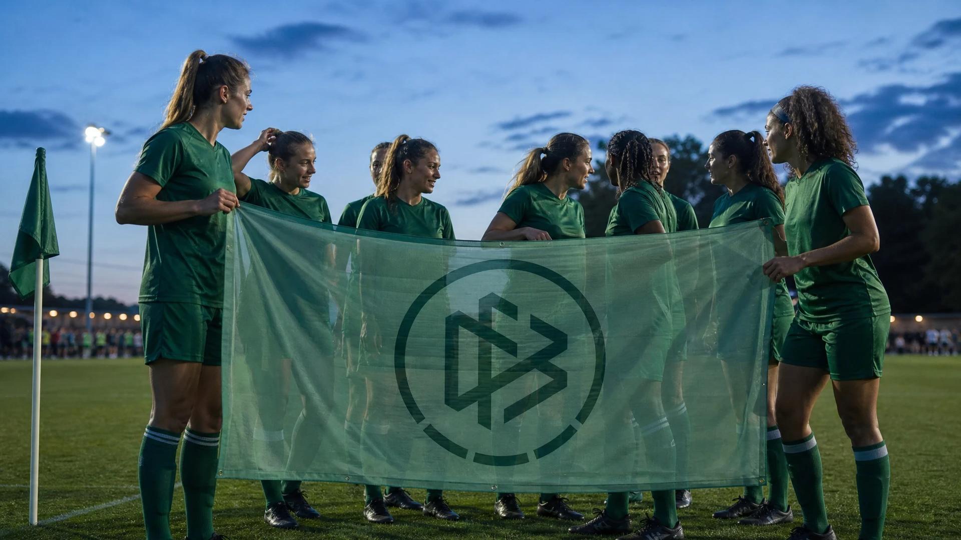 A women's football team gathers for a pre-game moment under twilight, holding a sustainability banner.