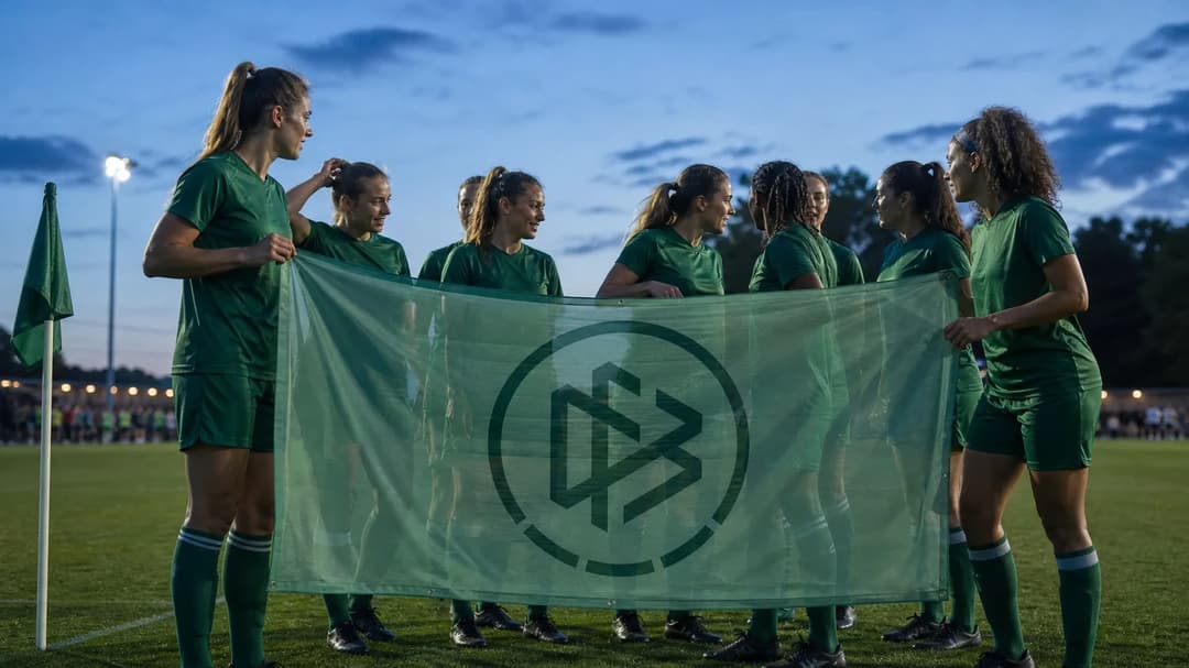 A women's football team gathers for a pre-game moment under twilight, holding a sustainability banner.