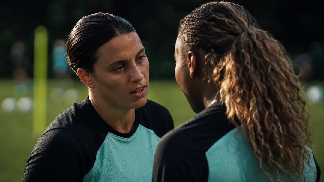 Two female football players from NJ/NY Gotham FC engaging in an intense discussion during a practice session.