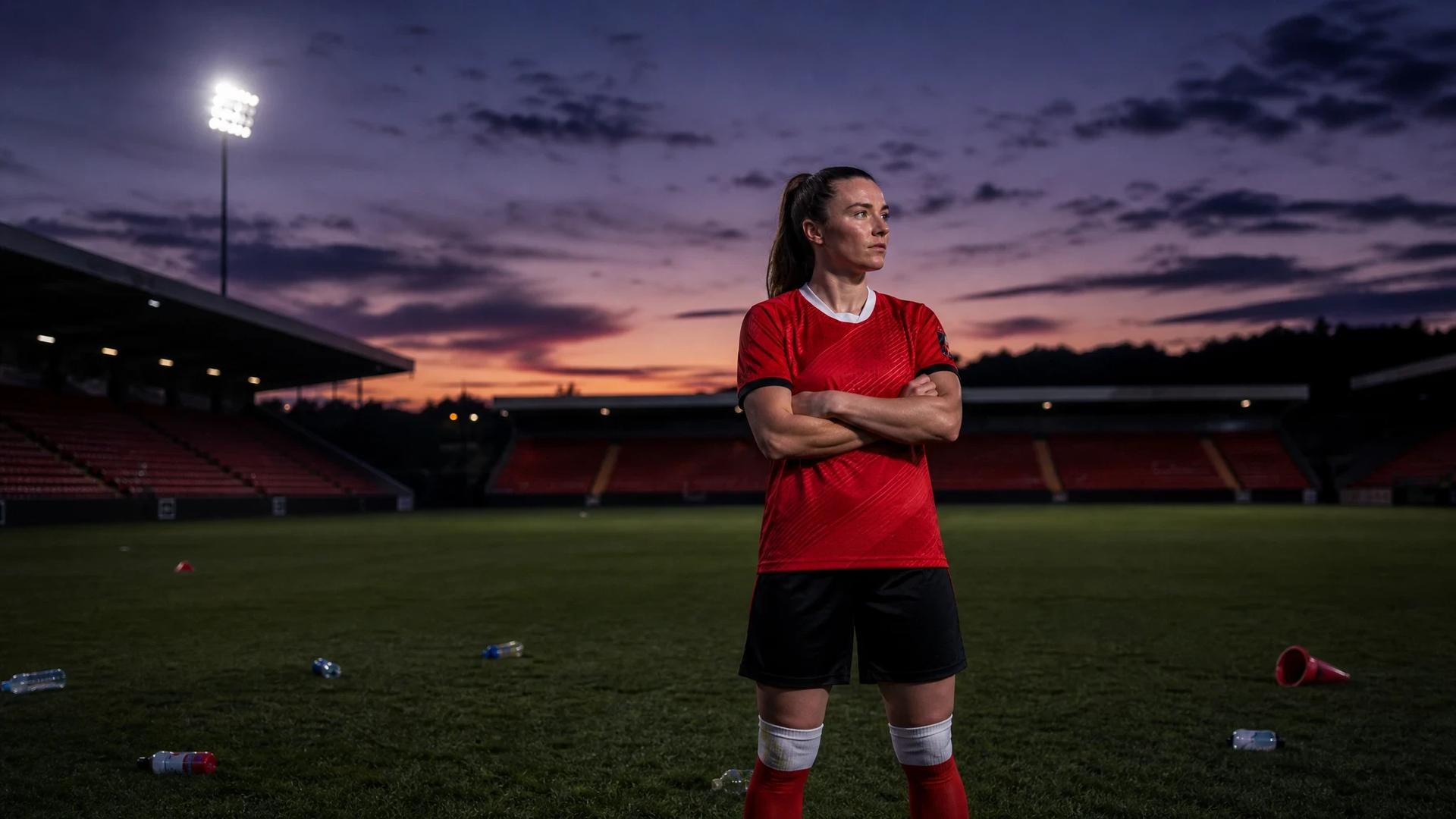 Jodie Hutton standing on a football pitch at dusk, arms crossed, with empty stadium stands in the background.