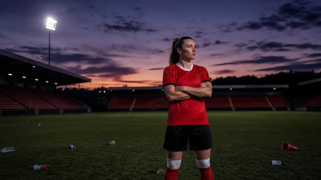 Jodie Hutton standing on a football pitch at dusk, arms crossed, with empty stadium stands in the background.