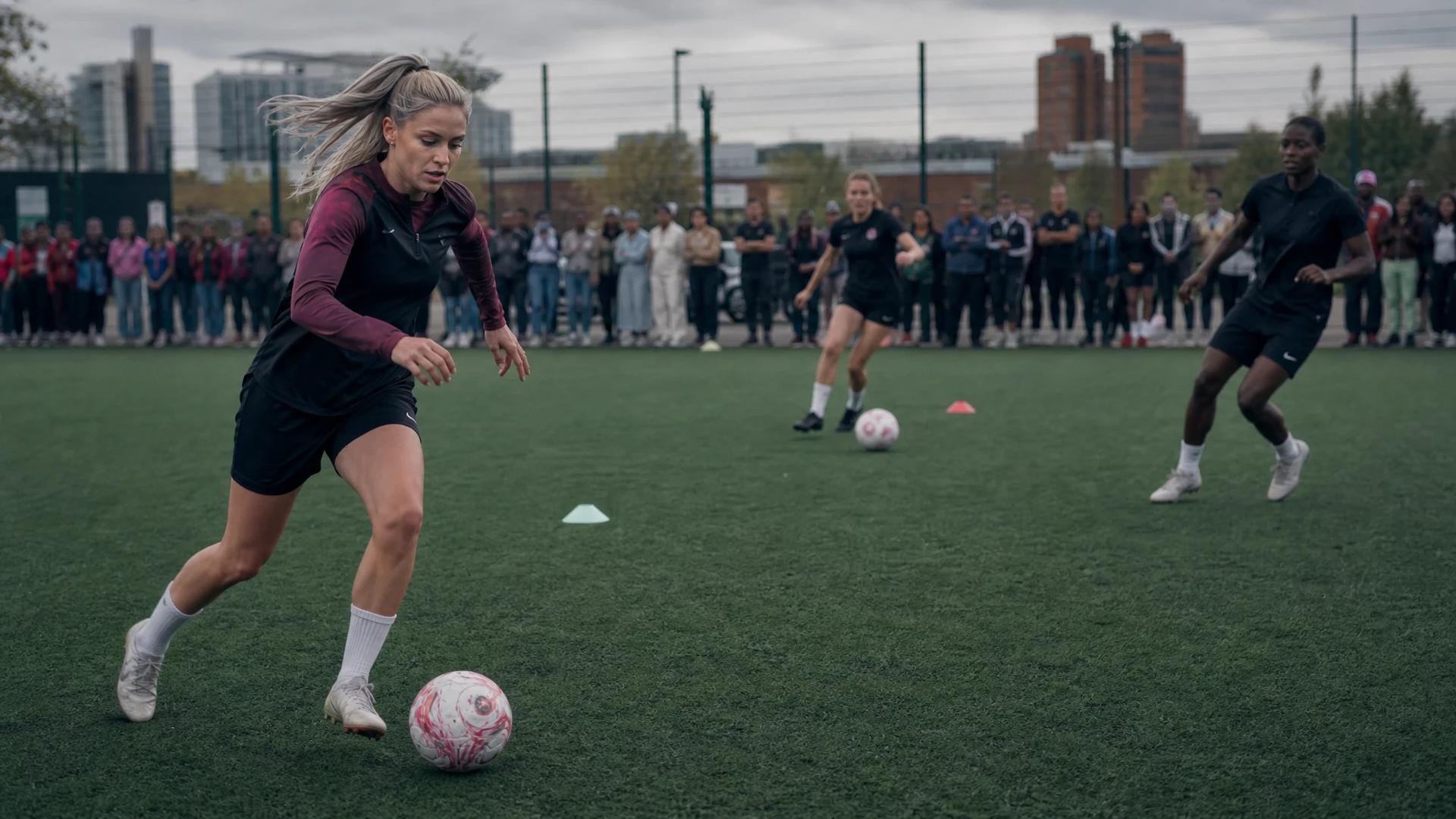 Female football players practicing in a park, with spectators watching.