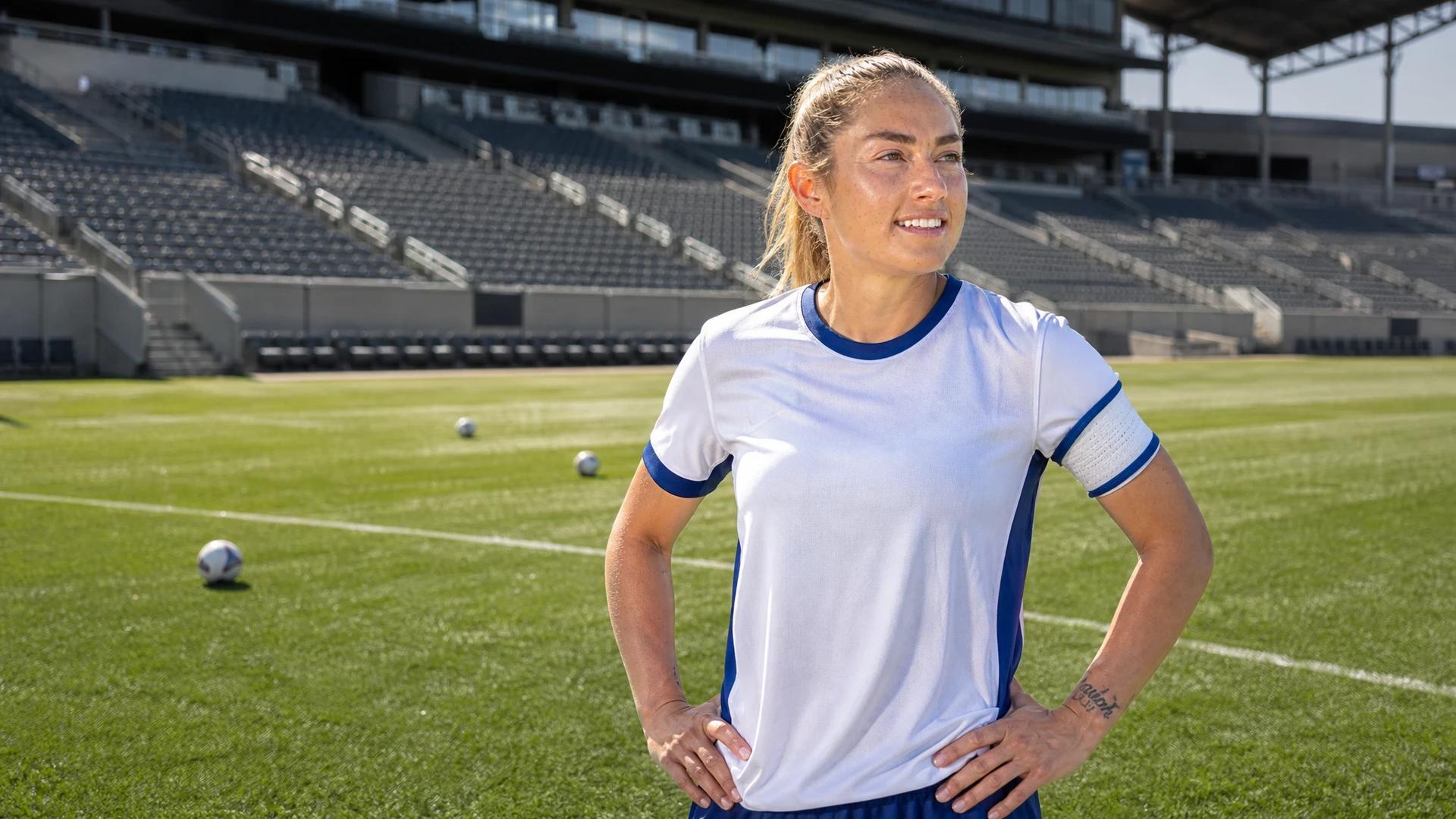 A female football player stands proudly in a stadium under bright sunlight.