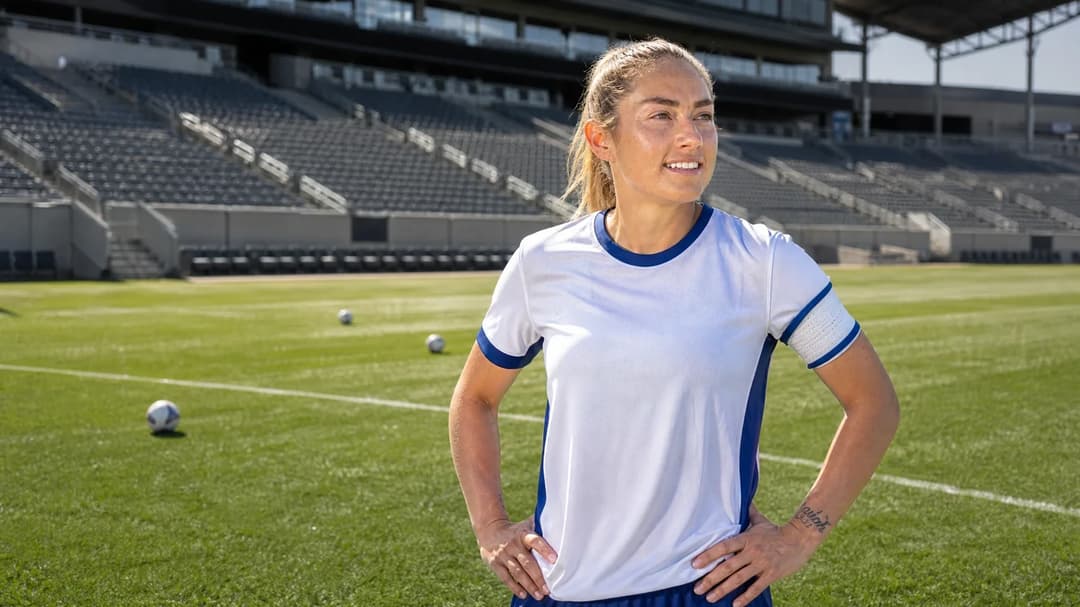 A female football player stands proudly in a stadium under bright sunlight.