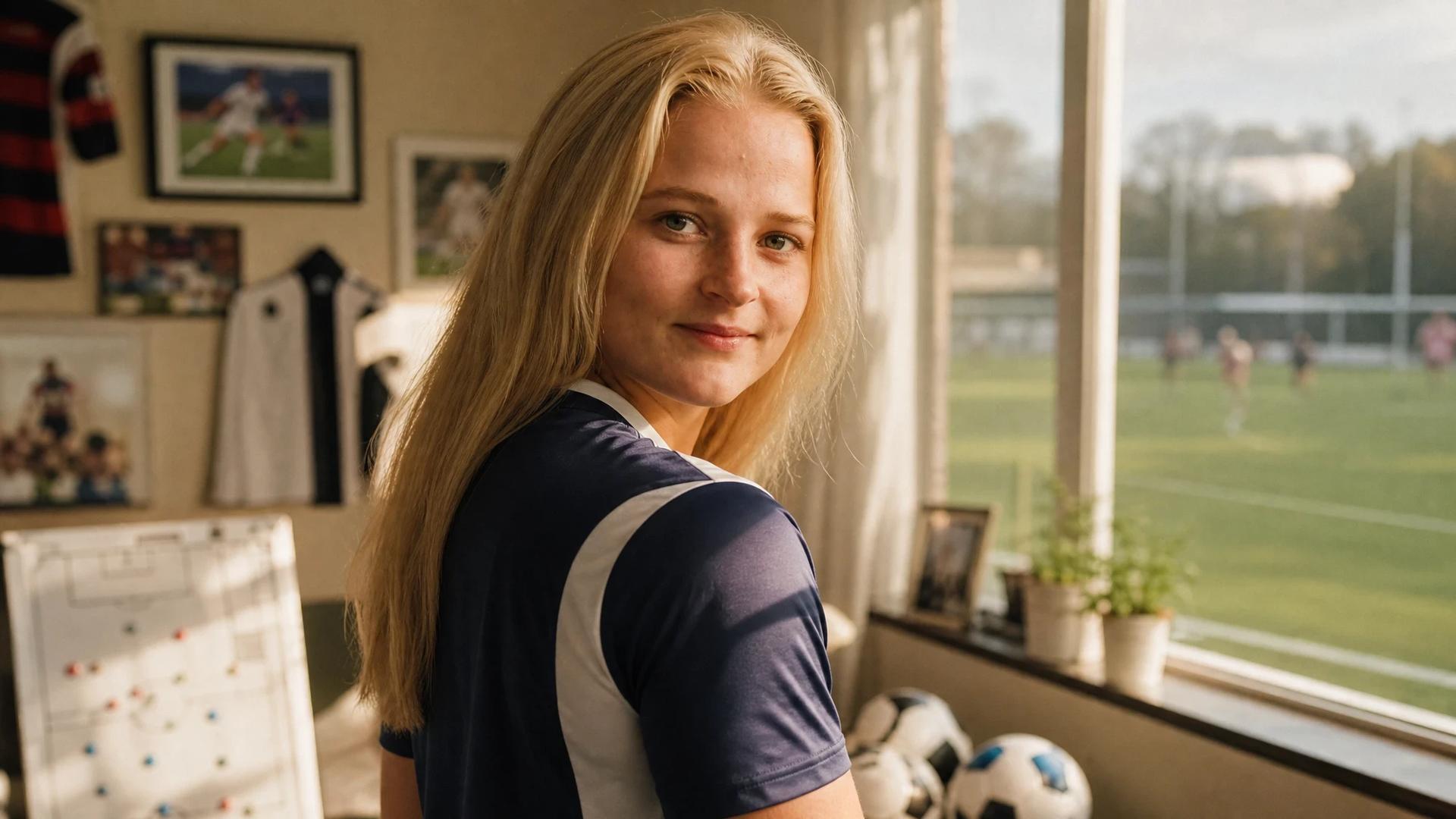Cecilie Larsen in a sunlit room preparing for her role at FC Rosengård.
