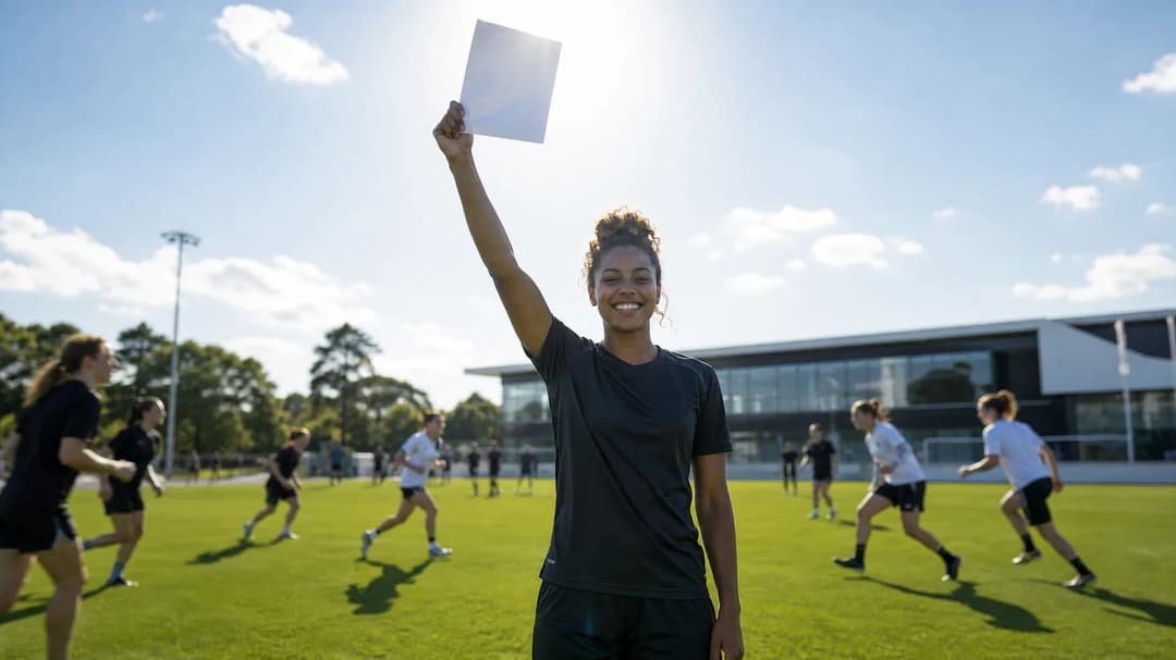 Jhanaie Pierre holding her signed professional contract against a bright midday sky.