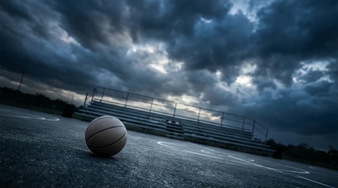 A deserted basketball court under threatening storm clouds, captured in a dramatic angle.