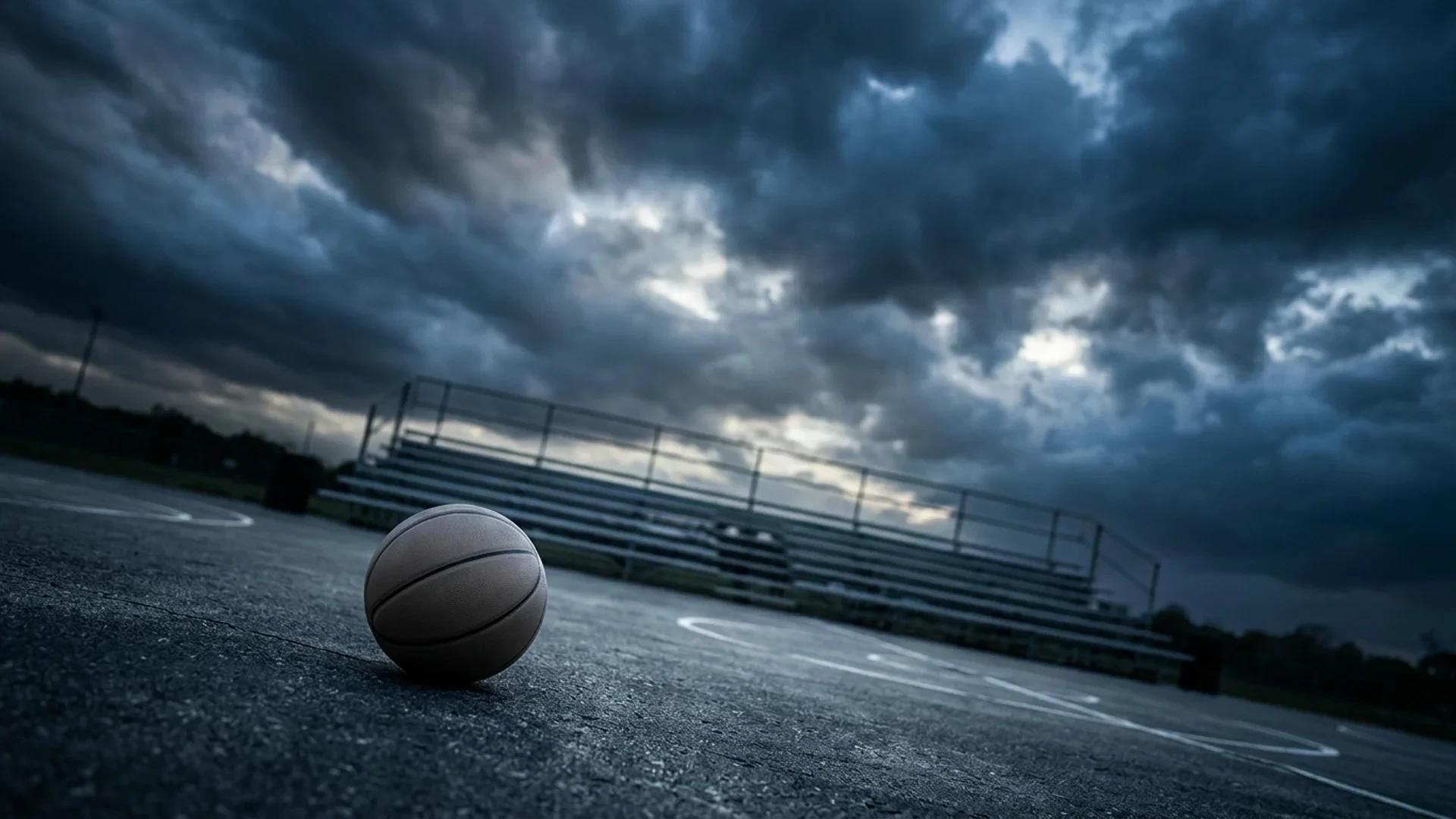 A deserted basketball court under threatening storm clouds, captured in a dramatic angle.