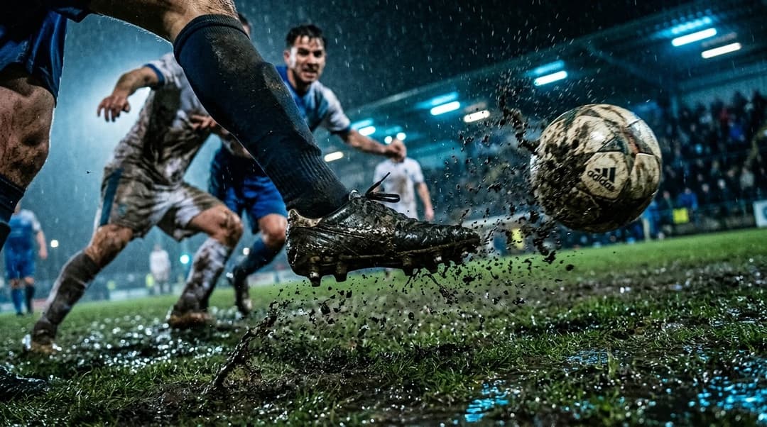 Close-up of a football boot in mud with blurred players in the background.