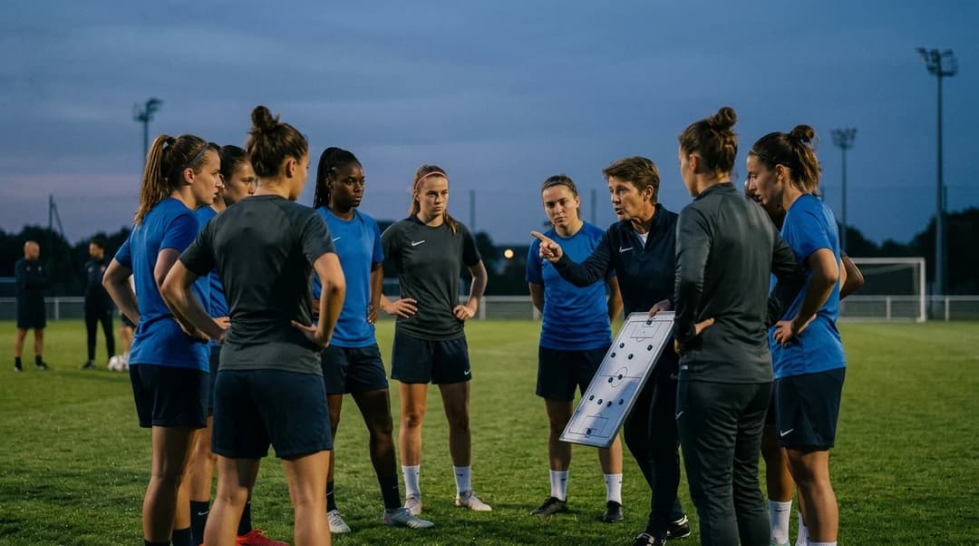 A candid moment of Lyon players in training during dusk, discussing strategies.