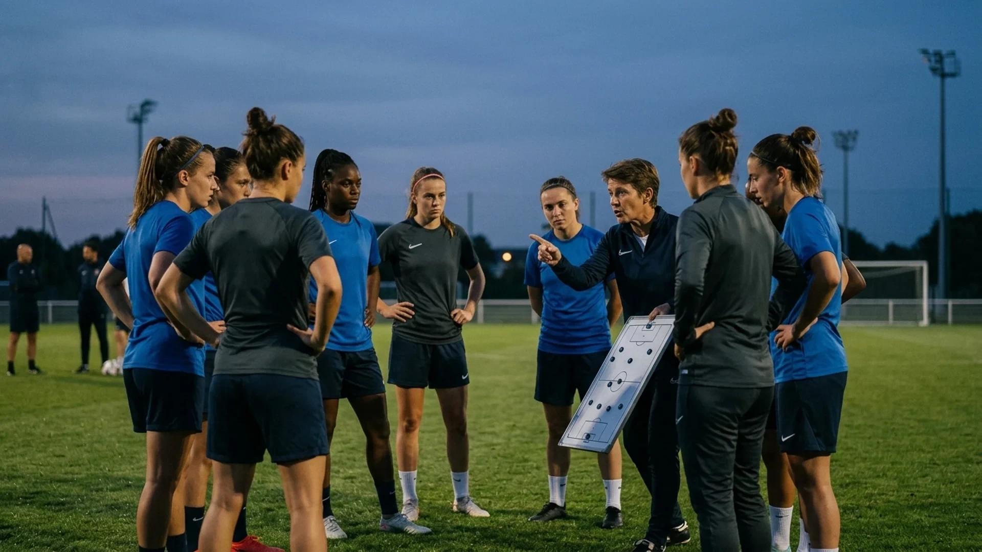 A candid moment of Lyon players in training during dusk, discussing strategies.