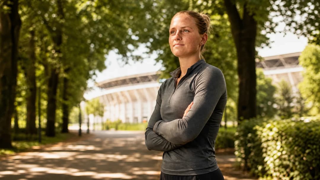 A female football player stands on a sunlit path, surrounded by trees, reflecting on her career transition.