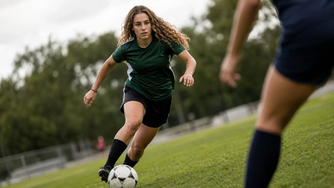 A young female football player dribbling a ball on a pitch.