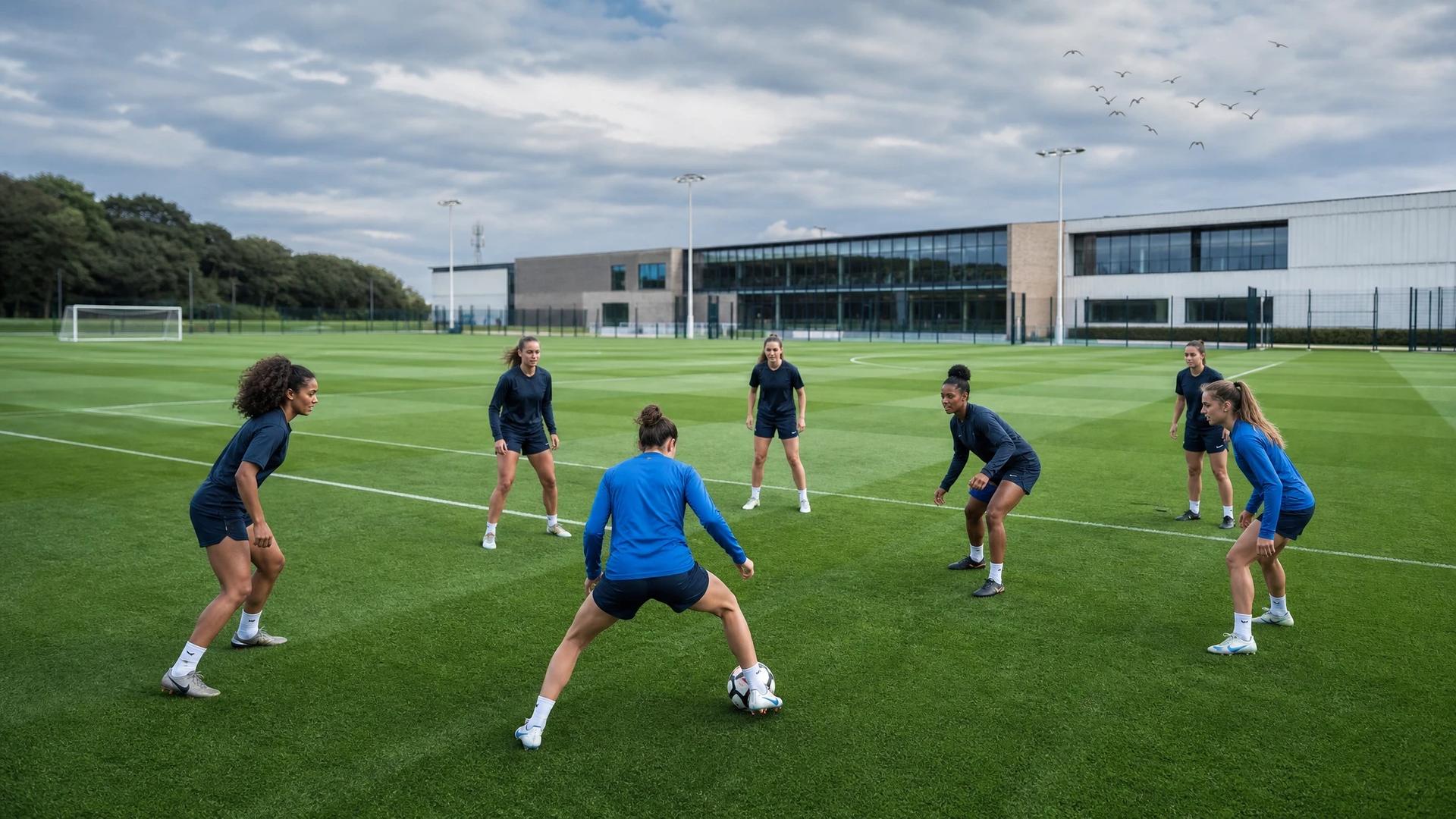 A panoramic view of female football players training at Brighton & Hove Albion's training ground.