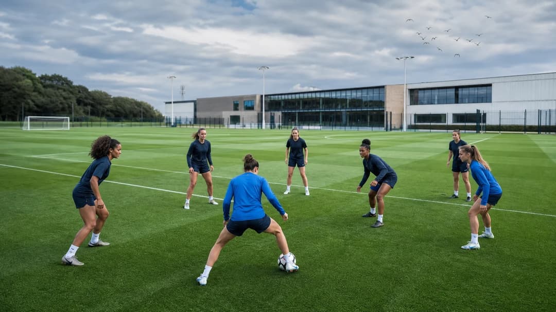 A panoramic view of female football players training at Brighton & Hove Albion's training ground.