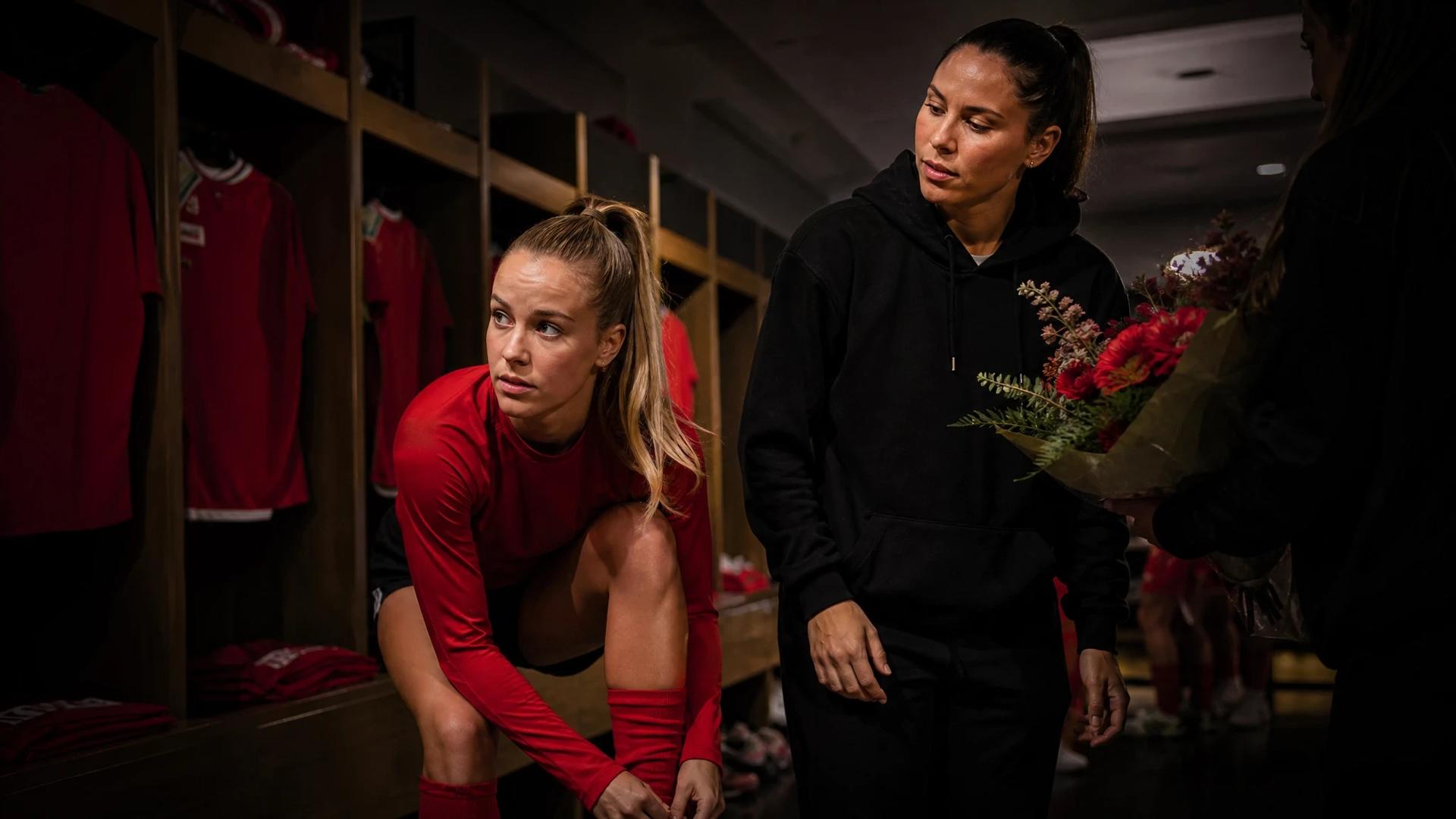 Giulia Gwinn and Lena Oberdorf in the FC Bayern München locker room before a match.
