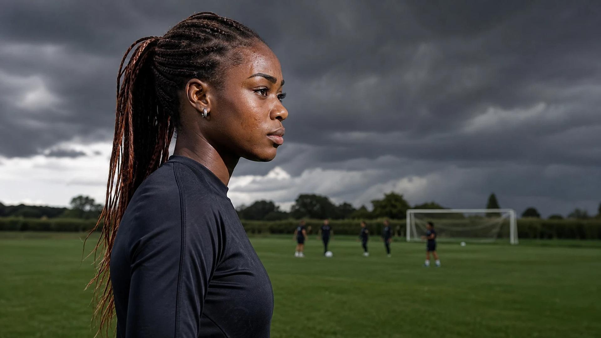 A female football player stands at the edge of a pitch under dark storm clouds, preparing for a match.