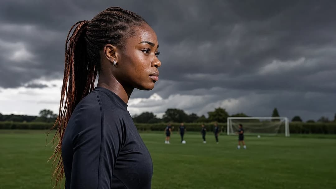A female football player stands at the edge of a pitch under dark storm clouds, preparing for a match.