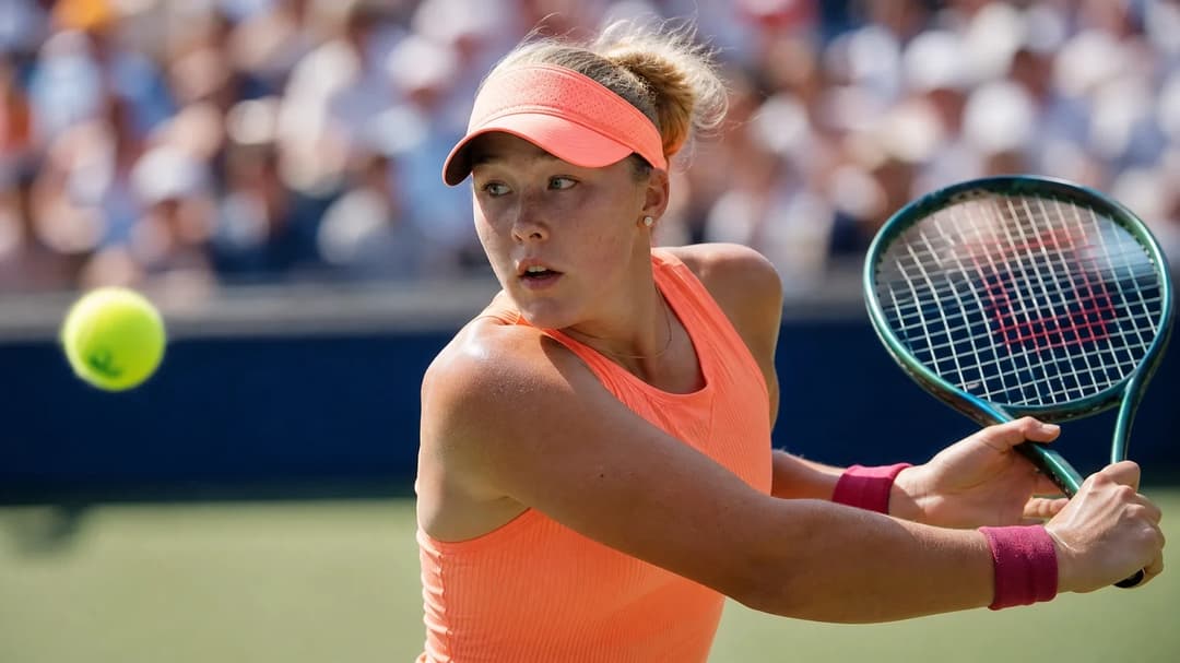 Close-up of a female tennis player preparing to hit a tennis ball under the midday sun.