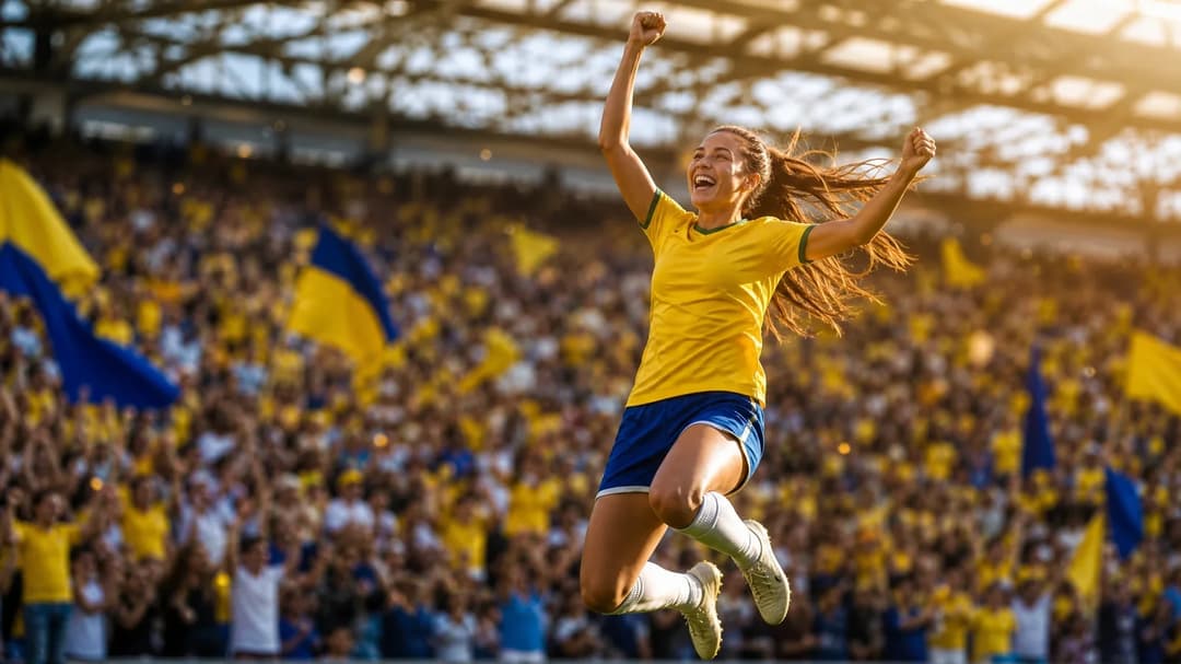 A female footballer celebrating a goal in a vibrant stadium filled with cheering fans.