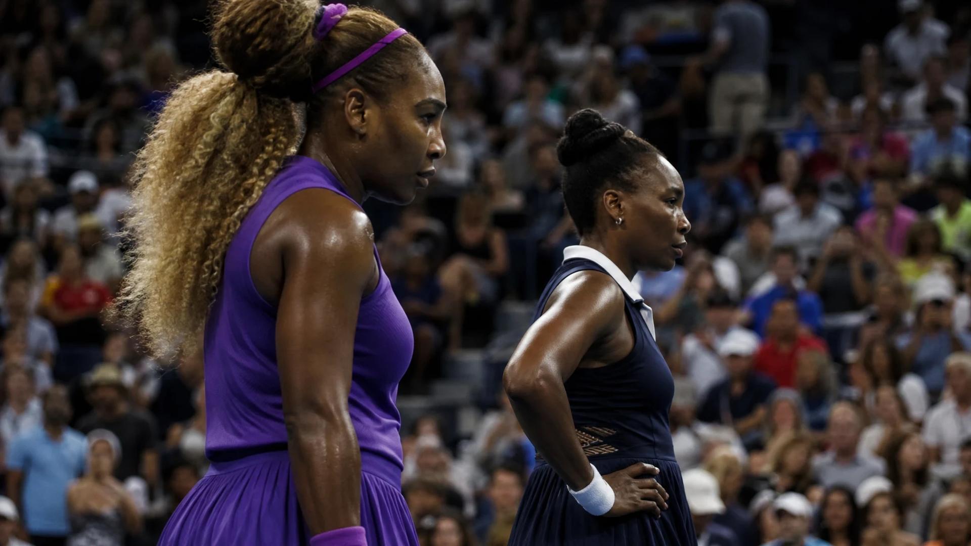 The Williams sisters are captured preparing for their doubles match at the U.S. Open, with a crowd in the background.