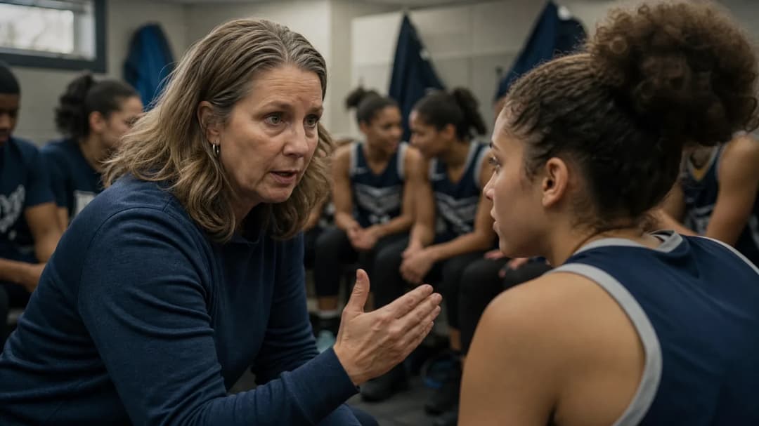 A coach speaks passionately to a young athlete in a locker room filled with other team members preparing for a game.