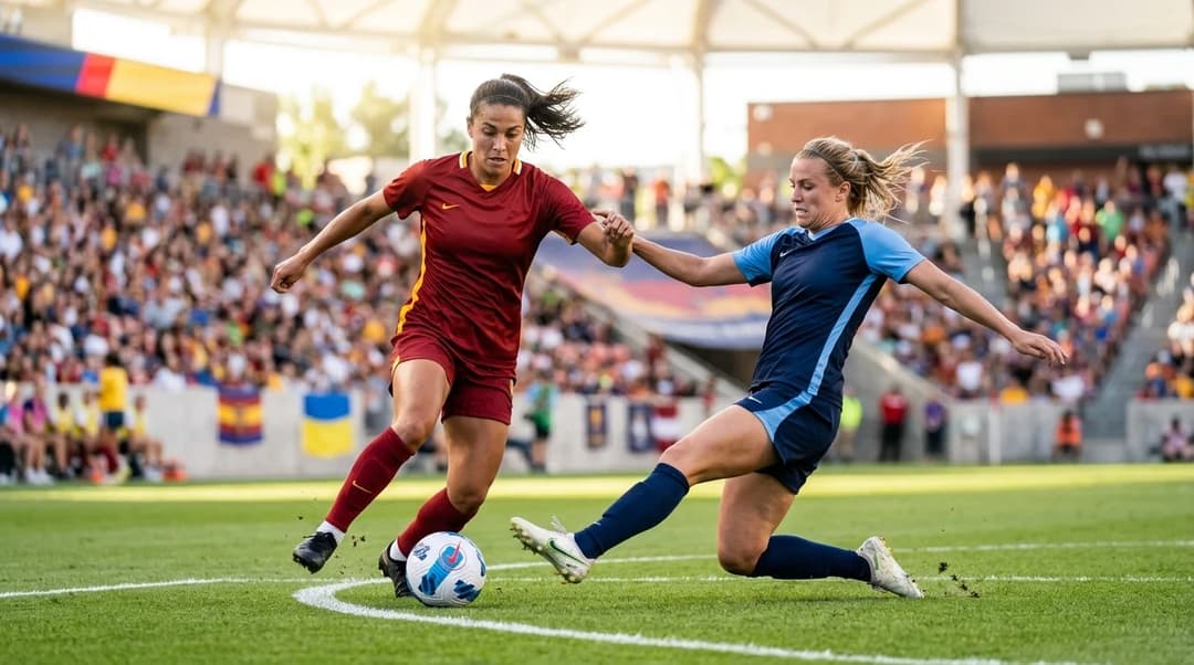 Two female footballers, one from Utah Royals and the other from Boston Legacy, are engaged in a dynamic moment on the pitch.