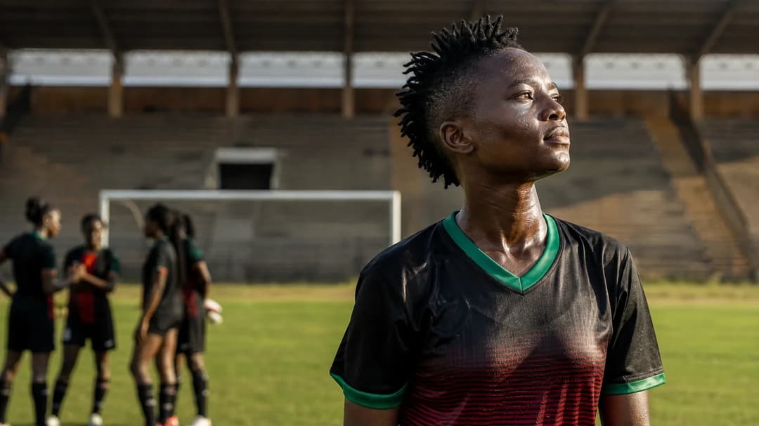 A female football player in sports attire, reflecting on the field after a match.