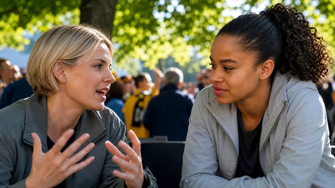 Ella Lindvall and Pär Lagerström discussing football under trees, with fans in the background.