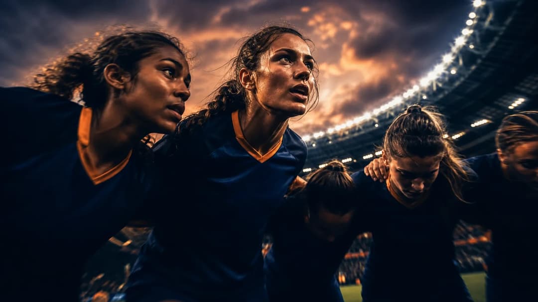 A group of female football players huddle together in anticipation before a match.