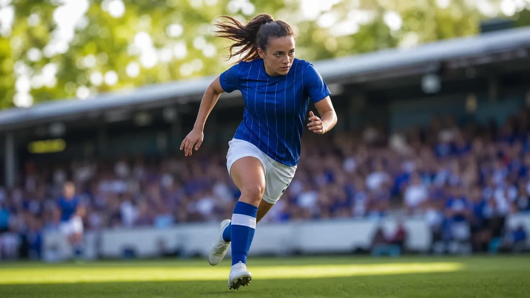 Rosella Ayane running on the football pitch at Portman Road, captured in a dynamic action moment.