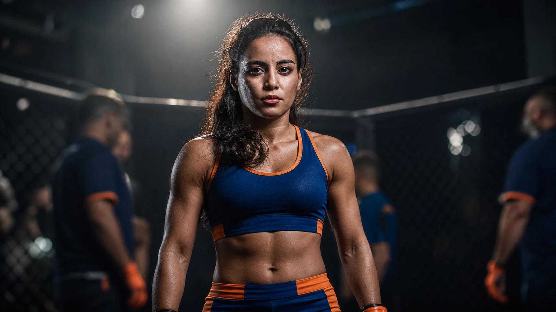 A female fighter stands in an Octagon under a spotlight, showing determination before her fight.