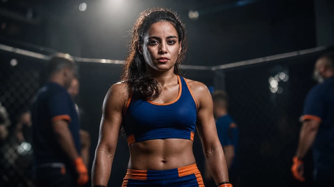 A female fighter stands in an Octagon under a spotlight, showing determination before her fight.