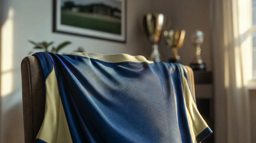A close-up of a football jersey draped over a chair, with soft sunlight highlighting its texture.