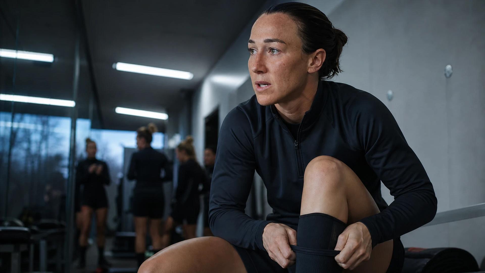 Lucy Bronze preparing for a match, focused in a training facility with teammates blurred in the background.