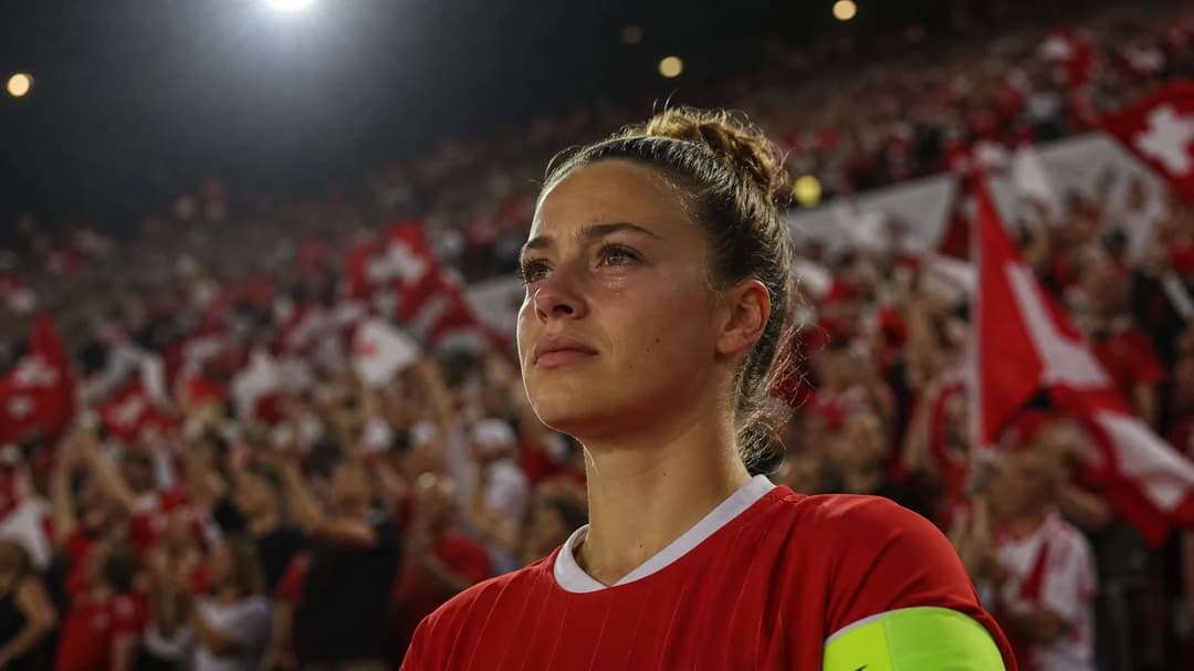 Lia Wälti emotionally singing along with the national anthem in a packed stadium.