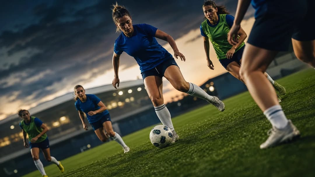 Female football players practicing on a green pitch at dusk.