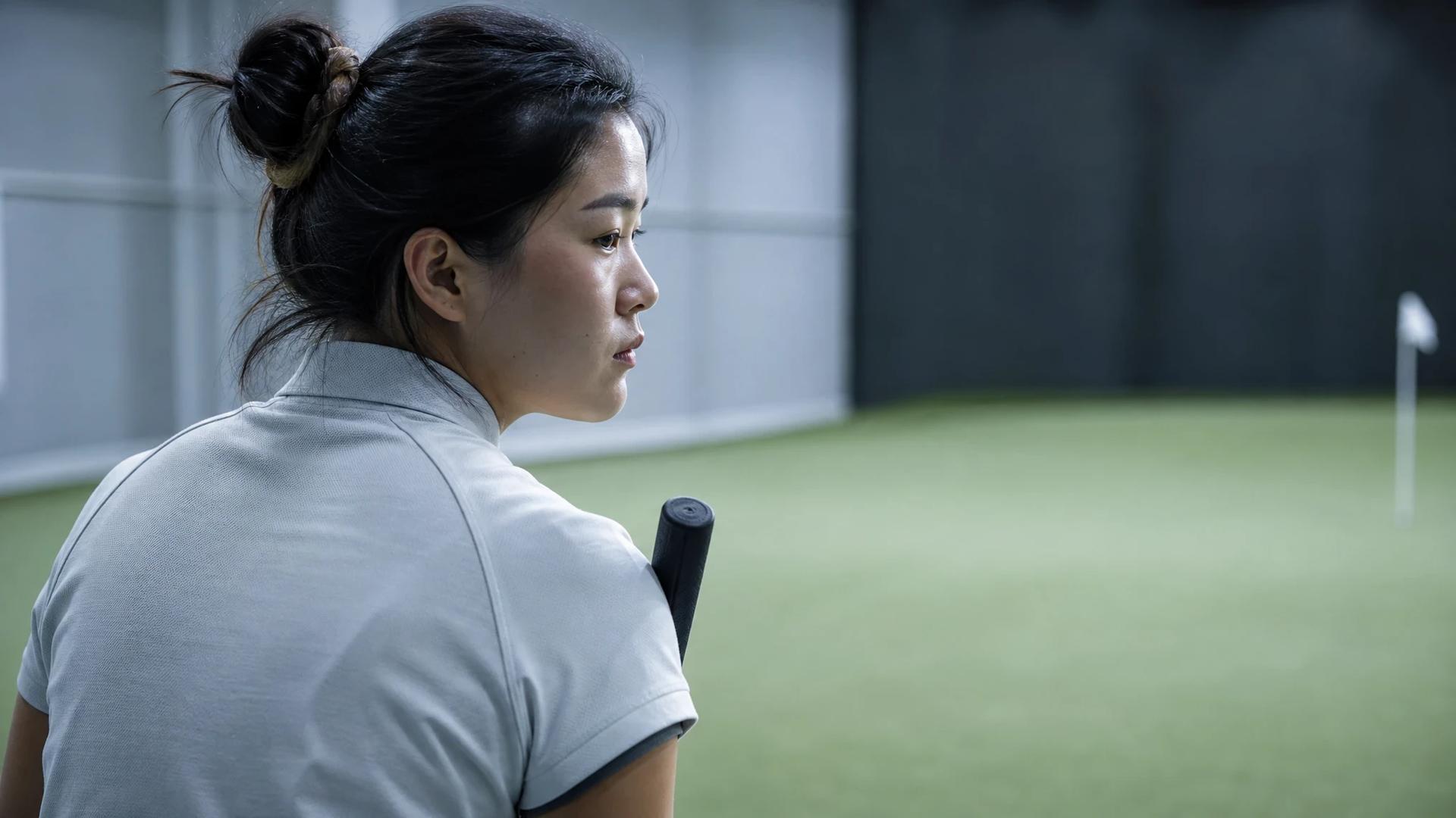 A female golfer stands with a putter in a practice green, gazing contemplatively at the space ahead.