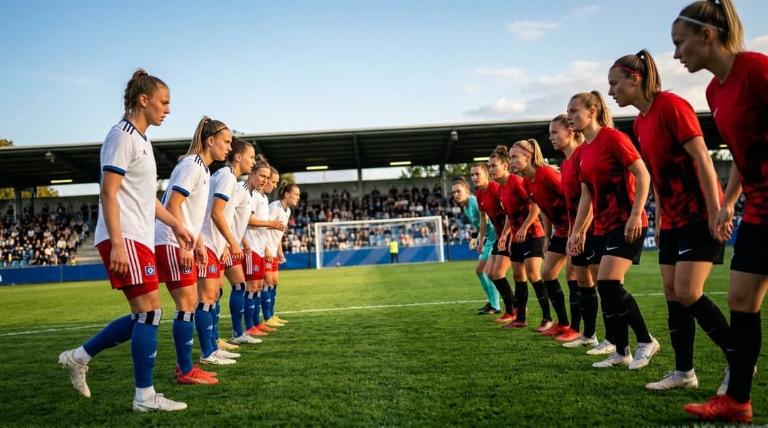Dramatic moment during a women's football match with players from Hamburger SV and RB Leipzig ready for kickoff.