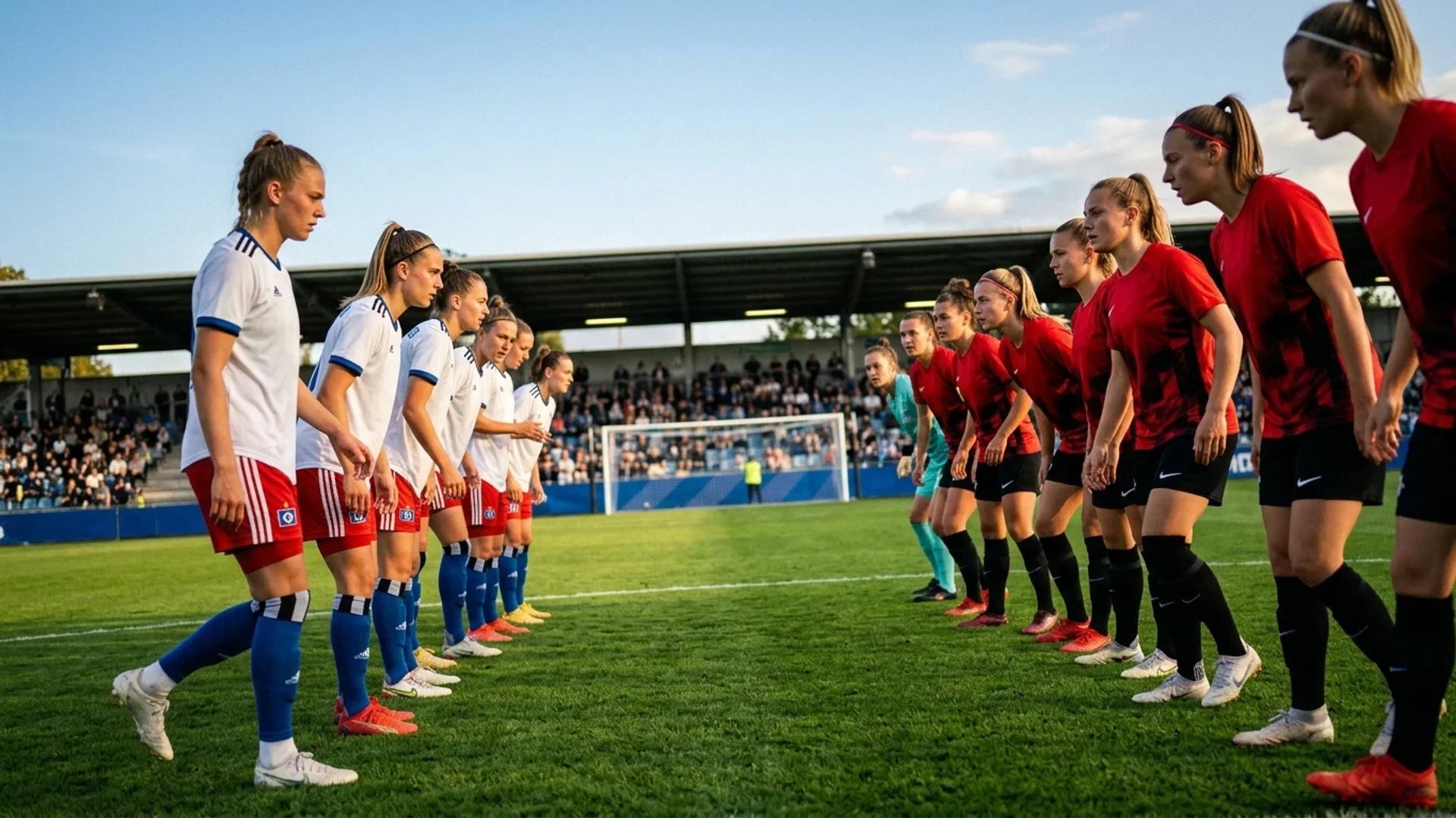 Dramatic moment during a women's football match with players from Hamburger SV and RB Leipzig ready for kickoff.
